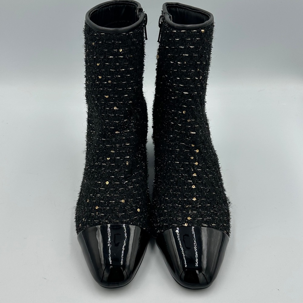 Steve Madden Eiffel Tweed Ankle Boots 7.5 Black Gold Sequin Cap Toe Block Heel
